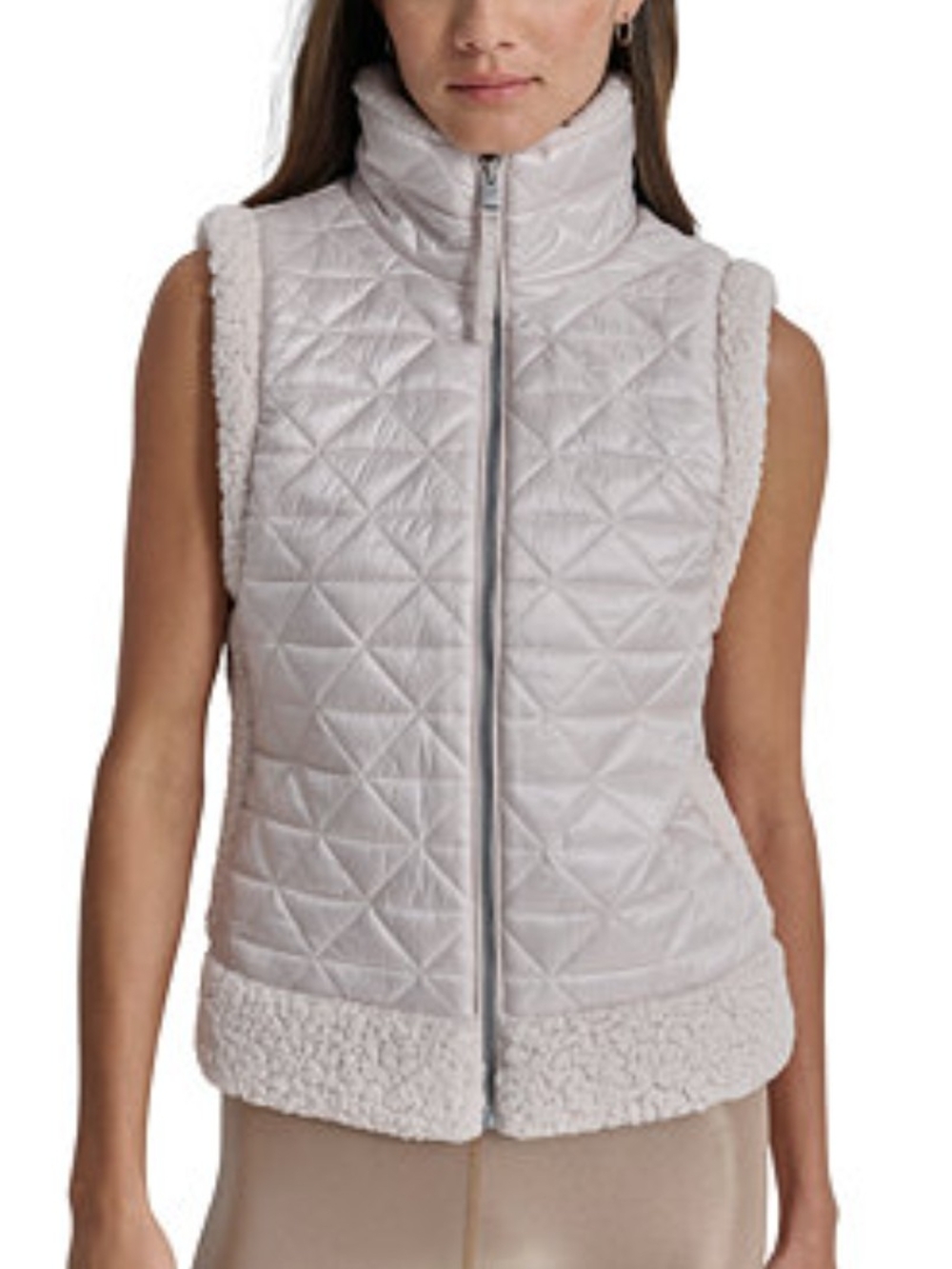 DKNY Sport Women's Quilted Mock Neck Puffer Vest W/ Sherpa-Trim